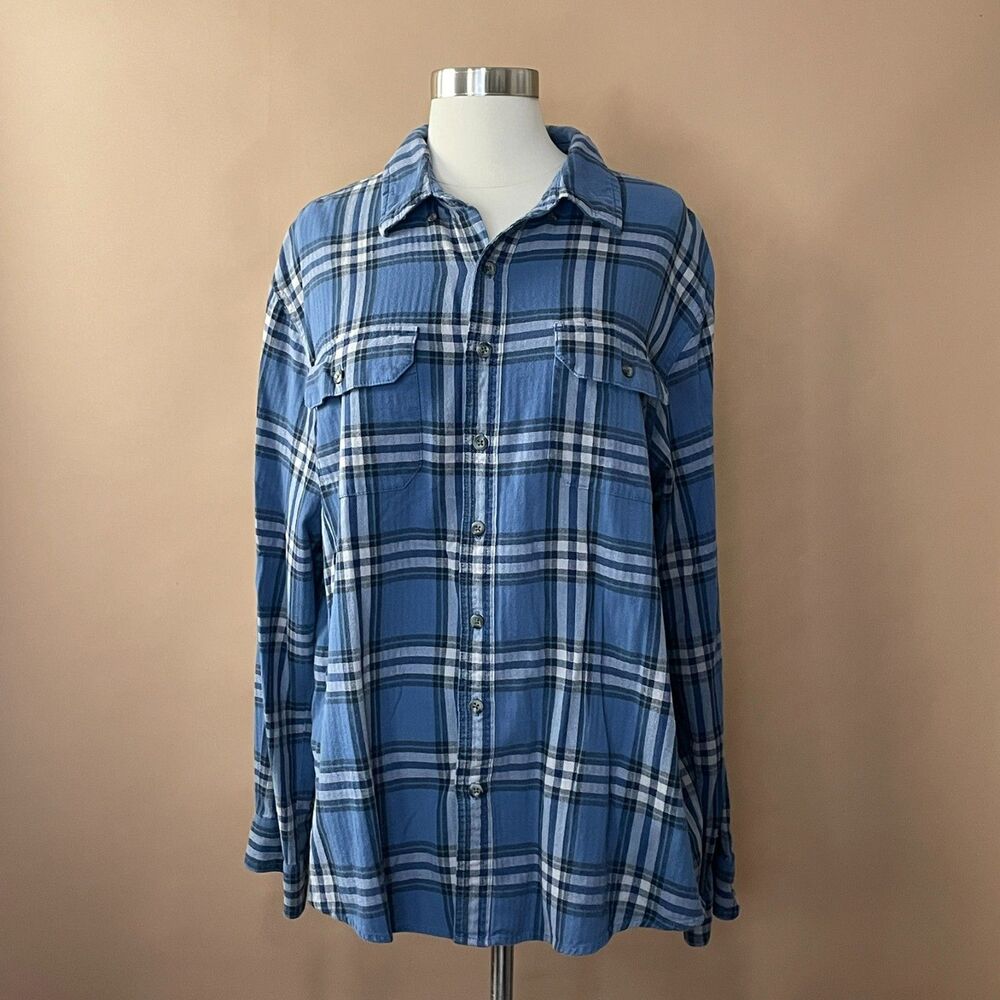 Magellan Outdoors Mens L Blue Plaid Flannel Shirt Classic Fit Button Down